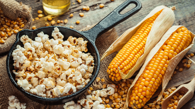 popcorn in a pan next to corn cobs