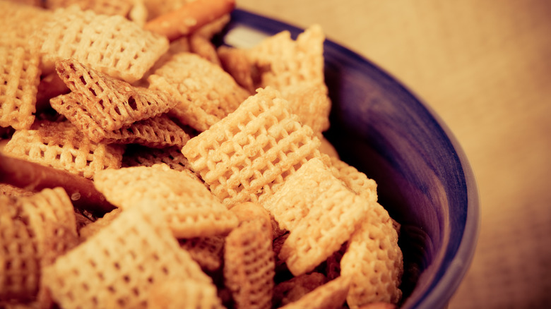 Chex Mix in blue bowl