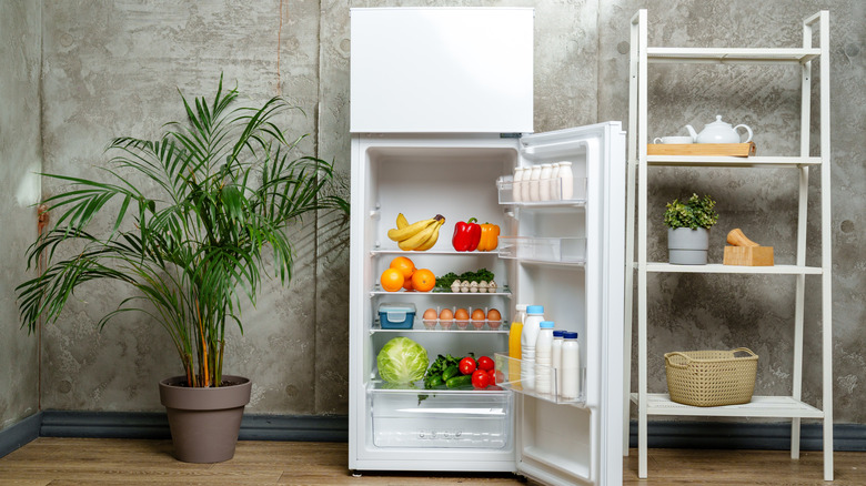 Open fridge with food inside