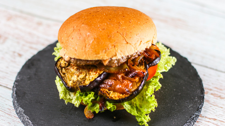 eggplant burger with lettuce