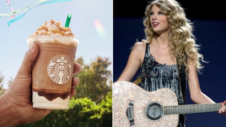 Taylor Swift with guitar and caramel ribbon crunch frappuccino