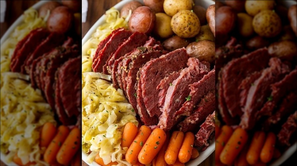corned beef, cabbage, potatoes, and carrots on a plate