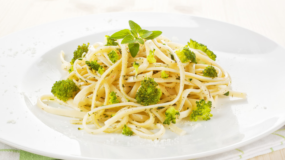 Broccoli and pasta on dish