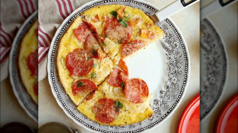 pepperoni pizza omelet on plate