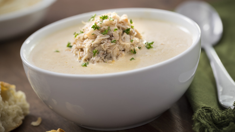 She-crab soup in white bowl