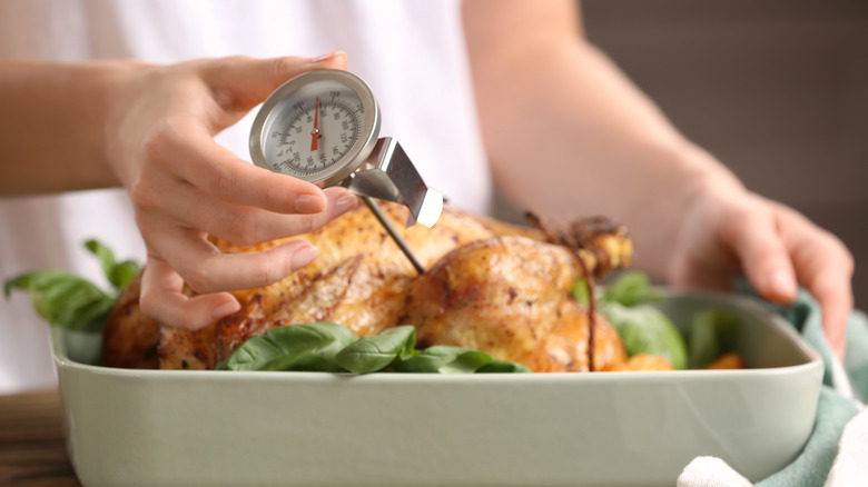 Person sticking meat thermometer in turkey