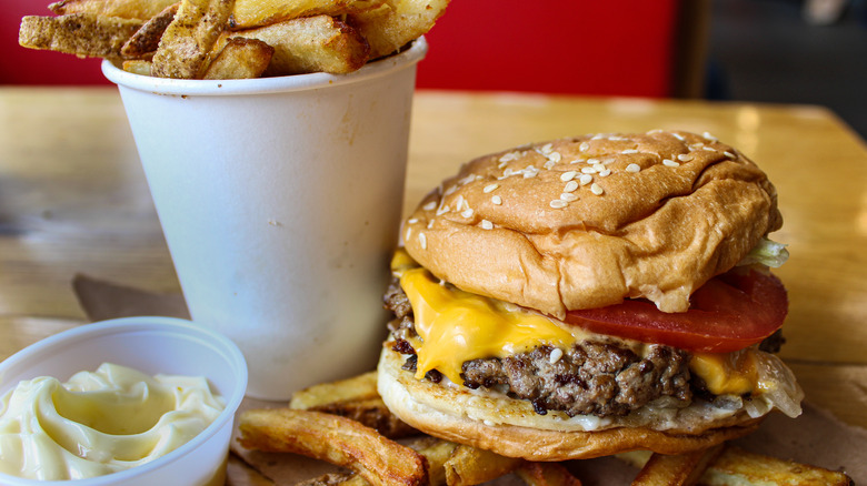 Five Guys burger, fries, and drink