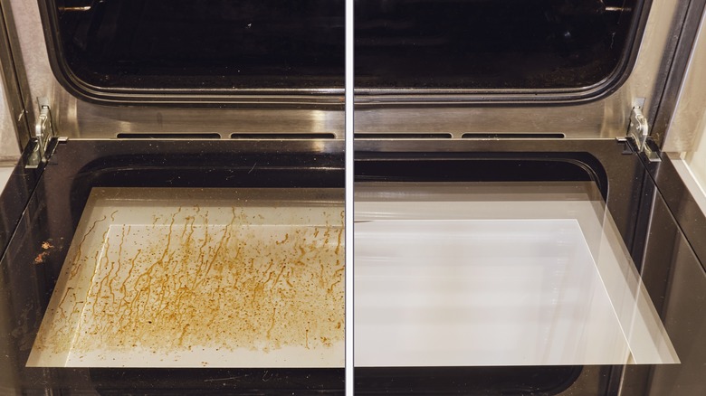 Two sides of a dirty oven door before and after