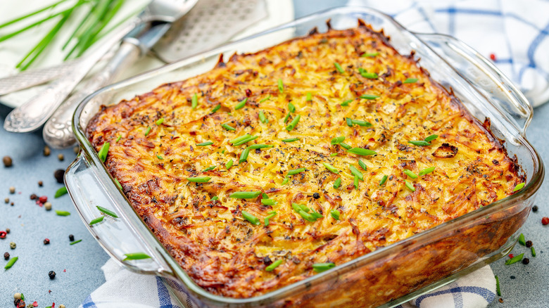 potato kugel in casserole dish