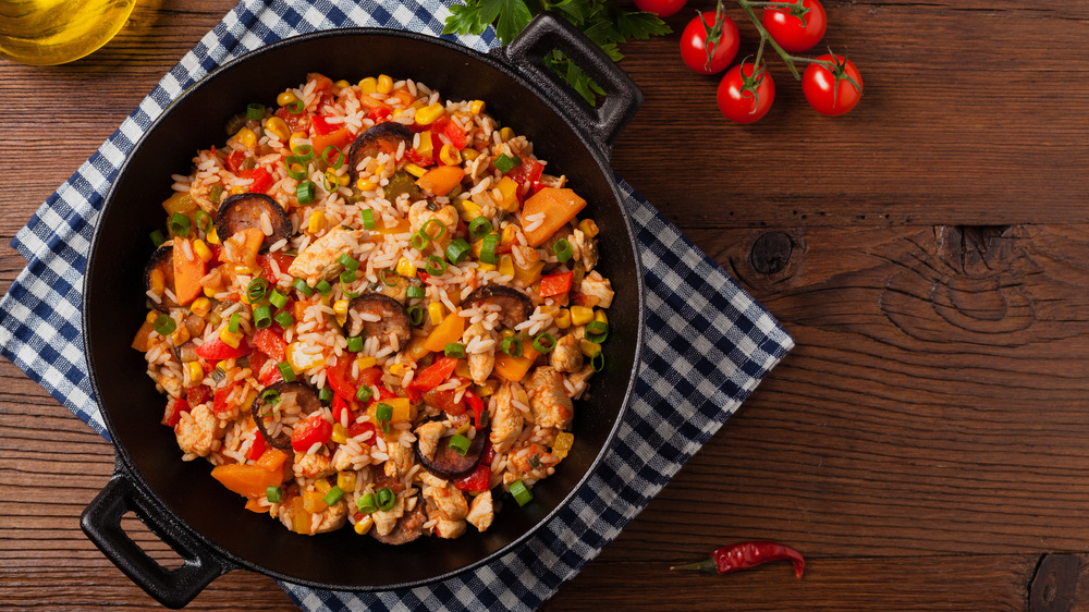 Cast iron skillet with jambalaya rice mix