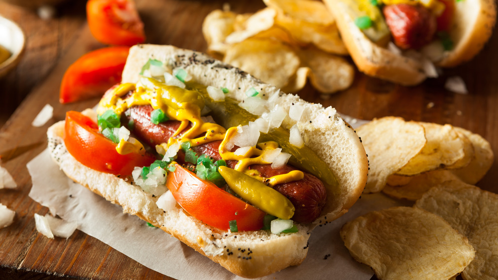 Chicago hot dog with chips