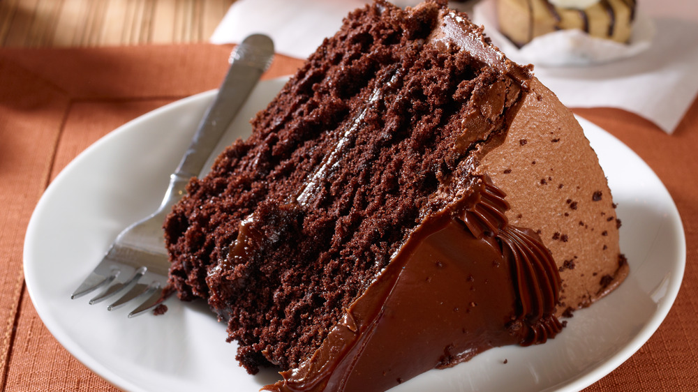 Slice of devil's food cake on its side 