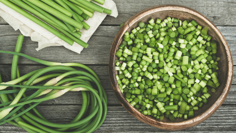 Whole and chopped garlic scapes