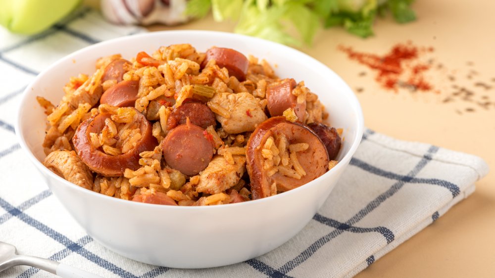 white bowl of Cajun jambalaya