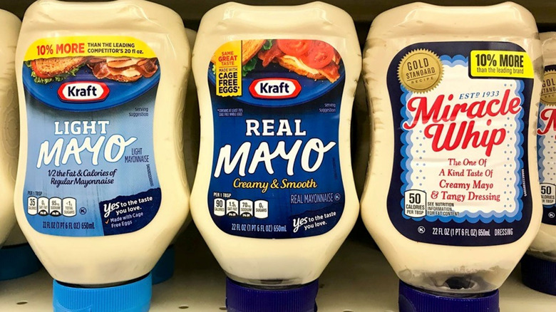 Mayonnaise and Miracle Whip squeeze bottles on store shelf