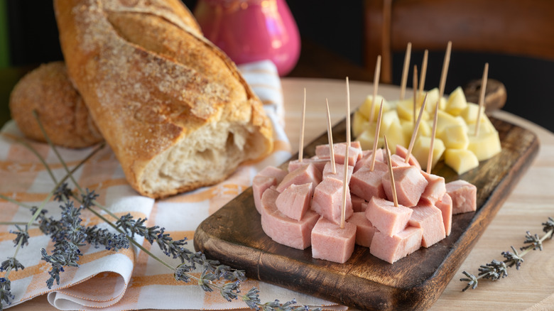 Mortadella and cheese platter with bread