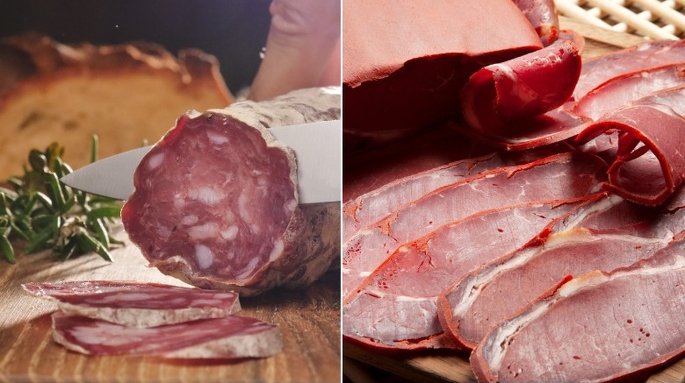 chopped salami and pastrami on cutting boards