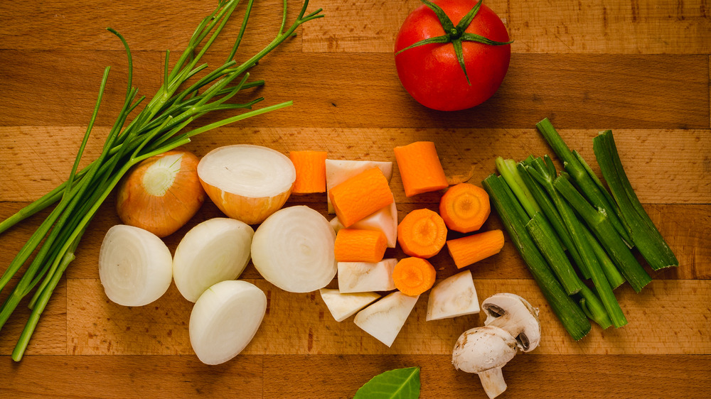 Mirepoix veggies on a cutting board