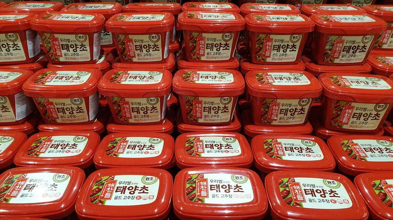 Stacked containers of gochujang 