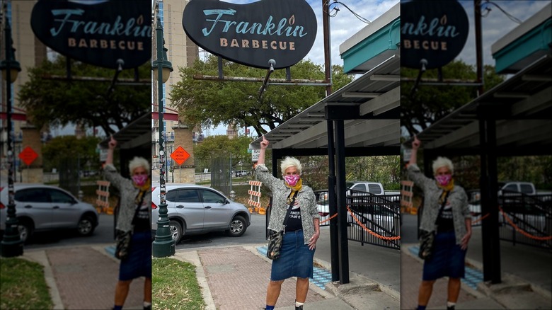 Anne Burrell in a denim skirt