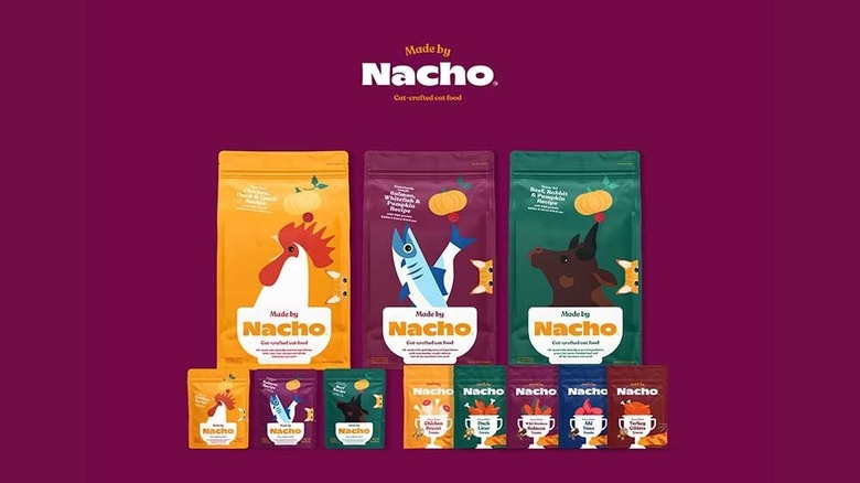 Bags of cat food on purple background with Made By Nacho logo