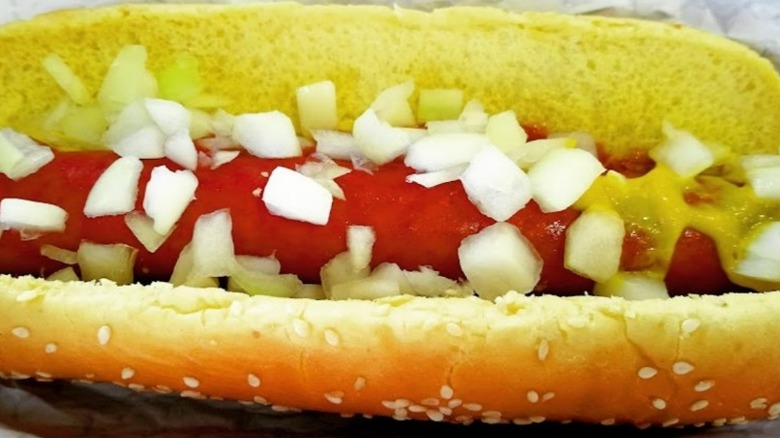 Up close picture of hot dog with onion and mustard