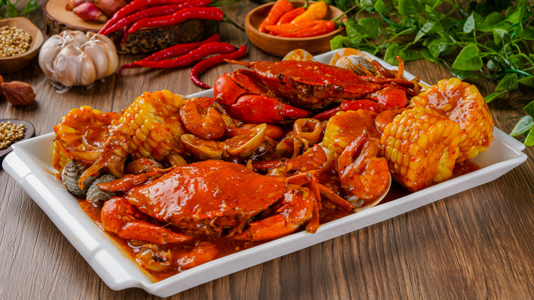 Crabs and corn on dish