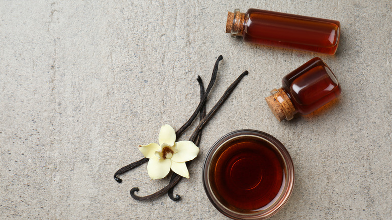 Bottles of vanilla extract, vanilla bean, and vanilla extract in a bowl