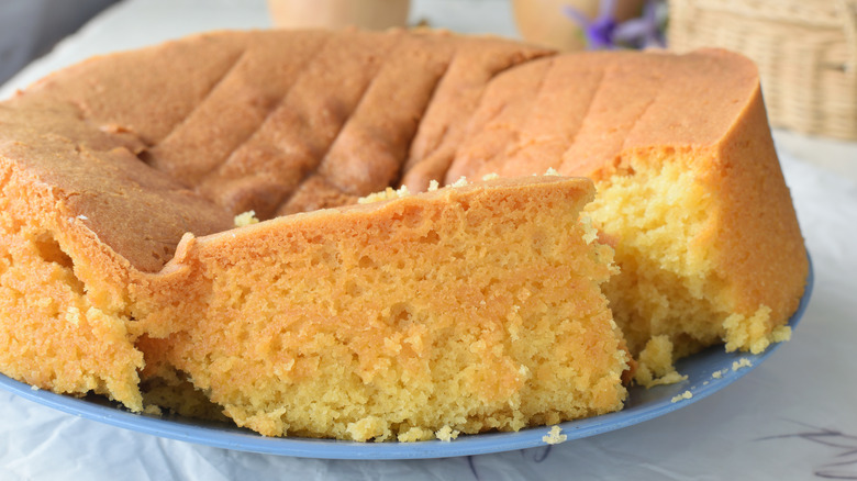 Collapsed cake on blue plate