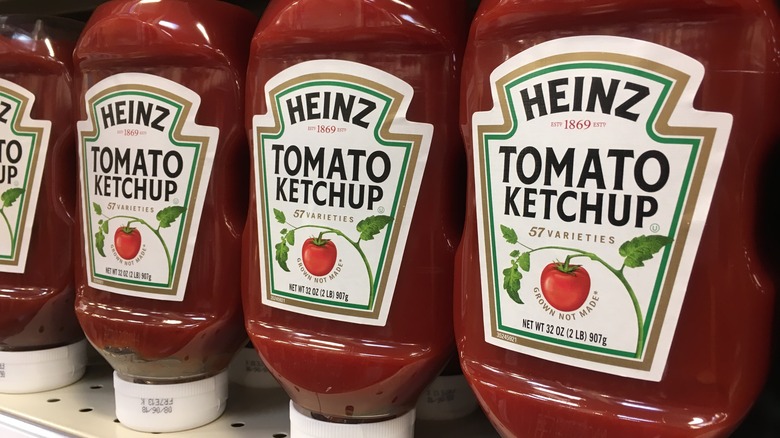 Bottles of Heinz ketchup on shelf