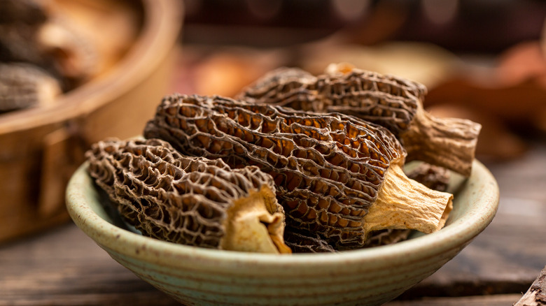 Dried morel mushrooms in a bowl.