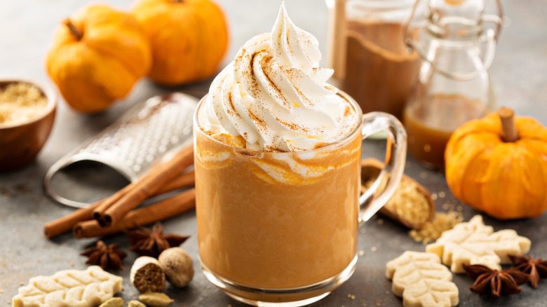 Pumpkin spice latte in glass mug