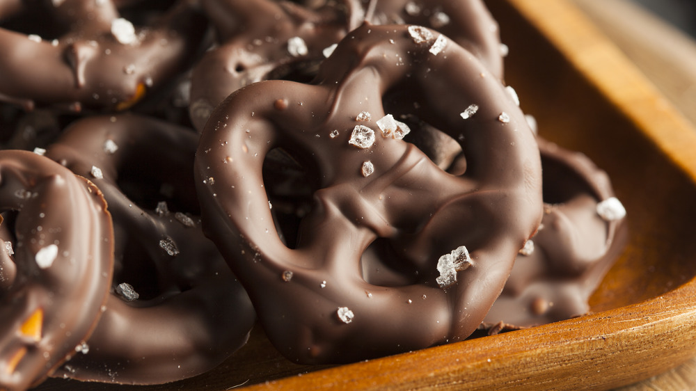 Closeup of chocolate-covered pretzels