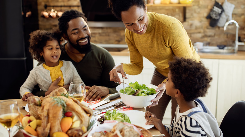 Family eating a Thanksgiving meal 