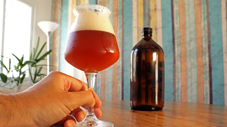 person holding red-hued beer in teku glass