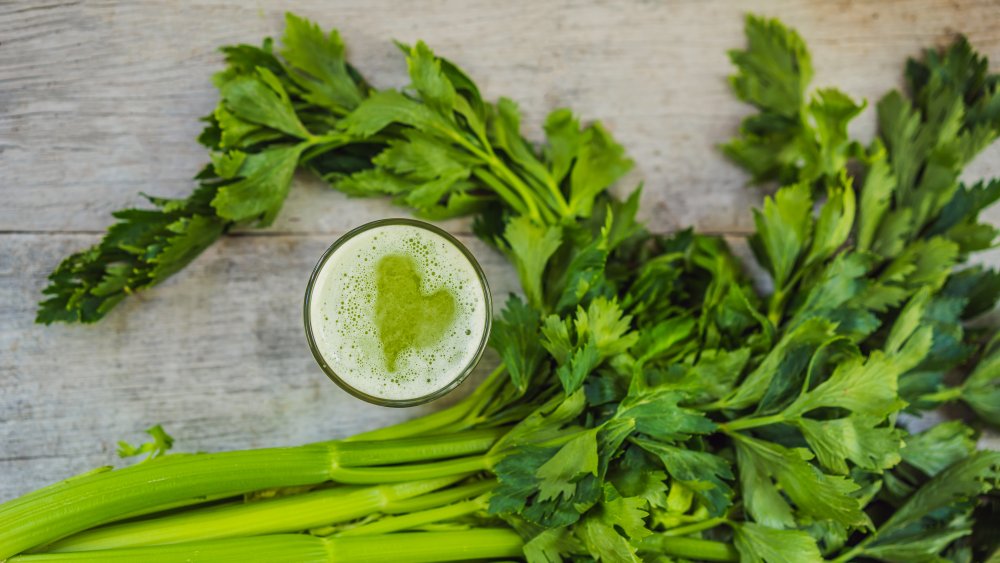 Celery stalks, leaves, and juice