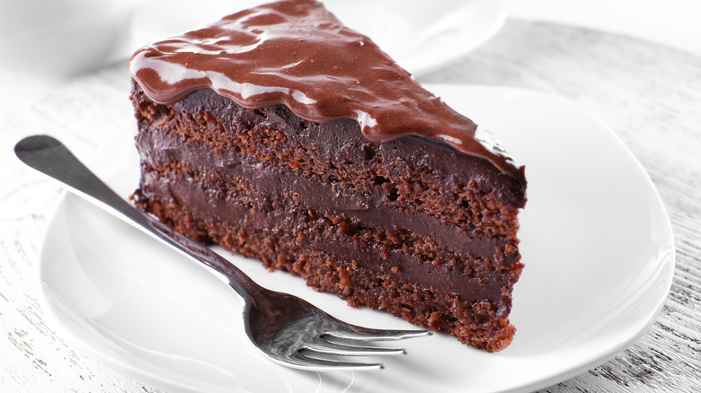 Chocolate cake on plate with cake fork