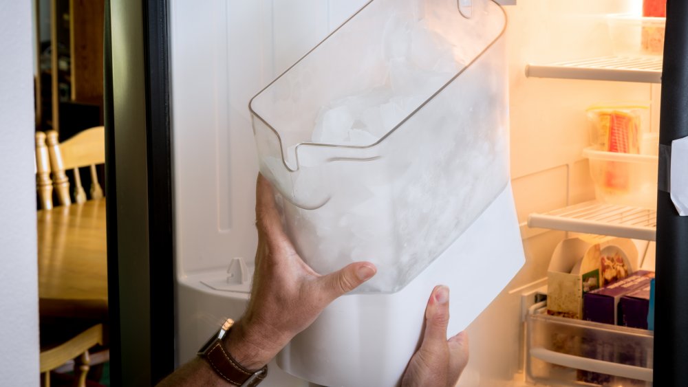 man placing ice collection bin into a freezer