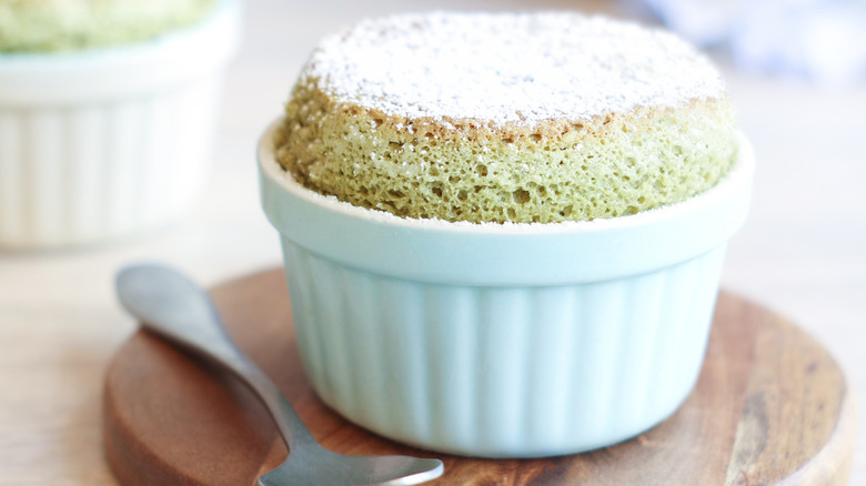 matcha souffle in ramekin