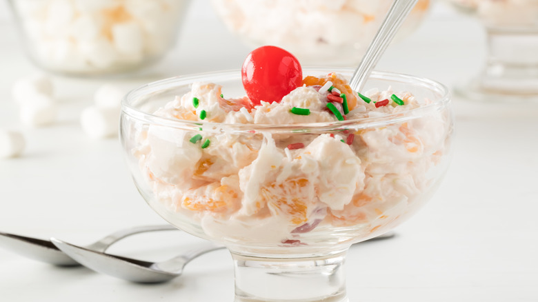 Glass dish of ambrosia salad