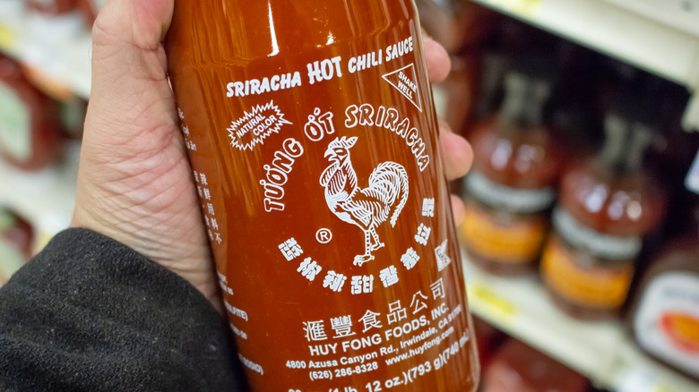 Hand holding bottle of Sriracha hot chili sauce