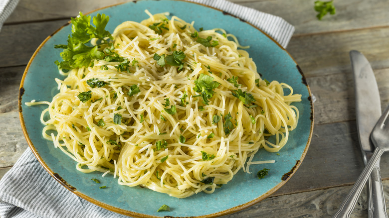 Angel hair pasta on plate