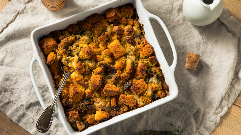 Cornbread oyster stuffing in pan