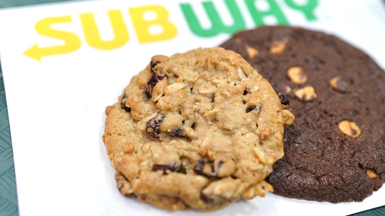 two Subway cookies on napkin