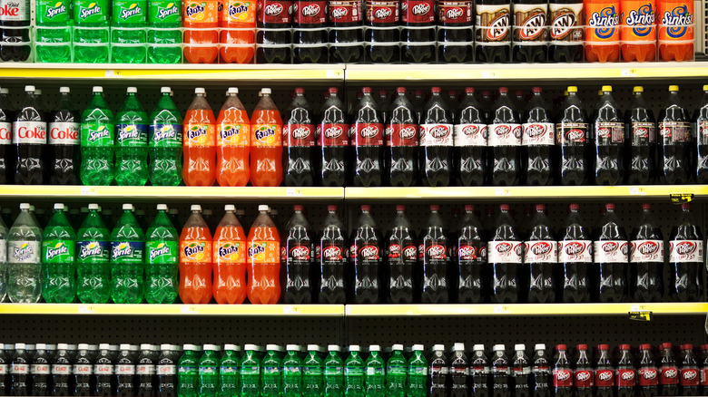 Soda bottles on shelves