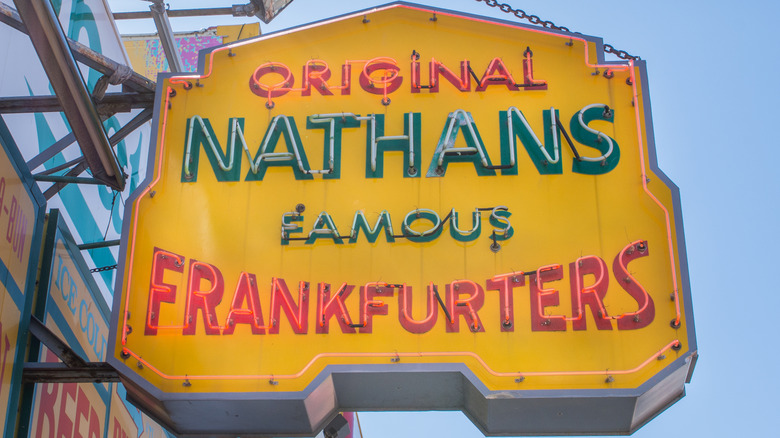 Yellow Nathan's Famous sign on blue background