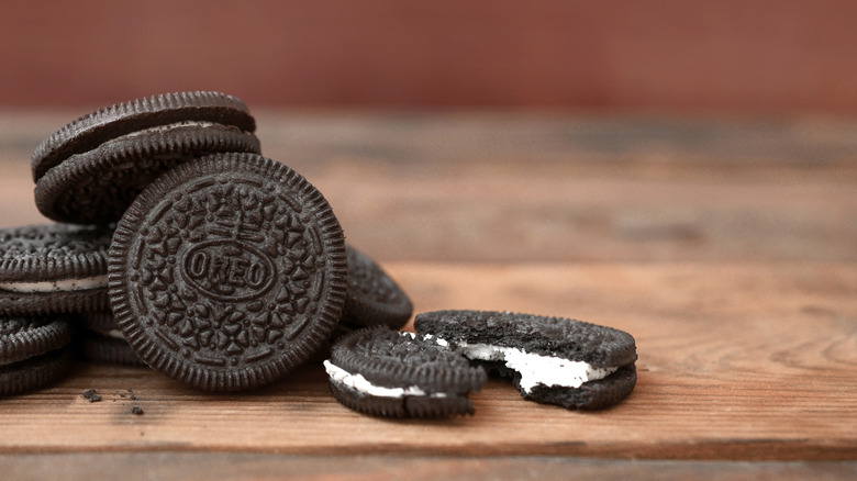 Oreo cookies on wooden board