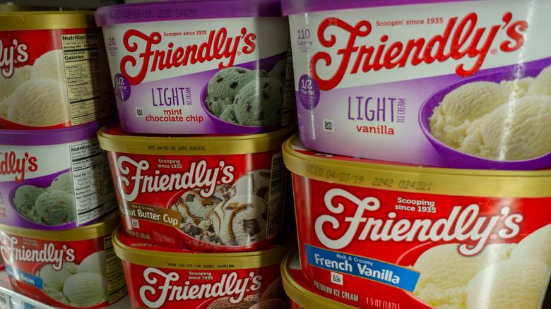 Stacks of Friendly's ice cream in grocery freezer