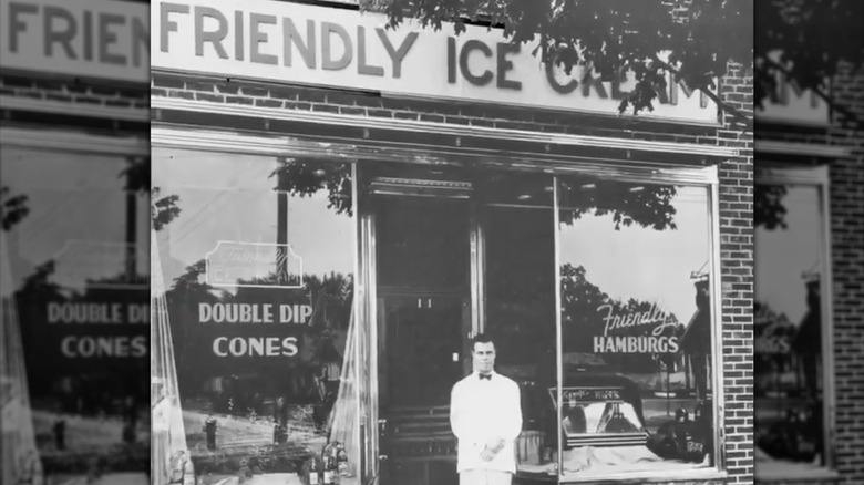 Prestley Blake in front of original Friendly Ice Cream