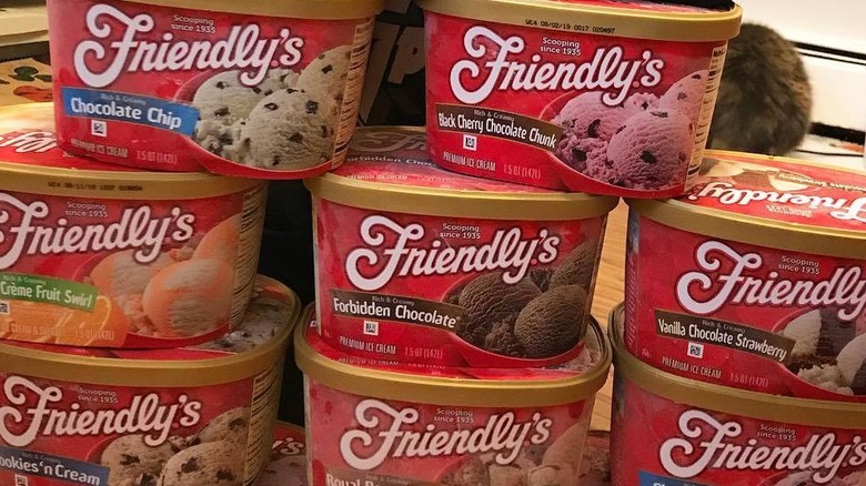 Friendly's menu, Fribble, and ice cream on table